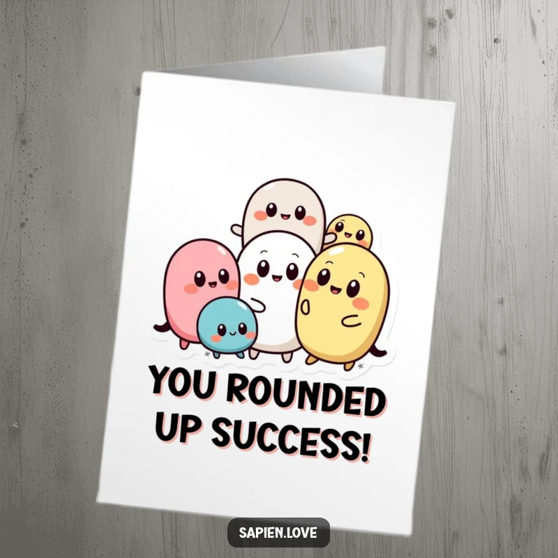 Funny Free Printable Congratulations Card: Abstract rounded shapes with eyes interact happily, celebrating a momentous occasion.