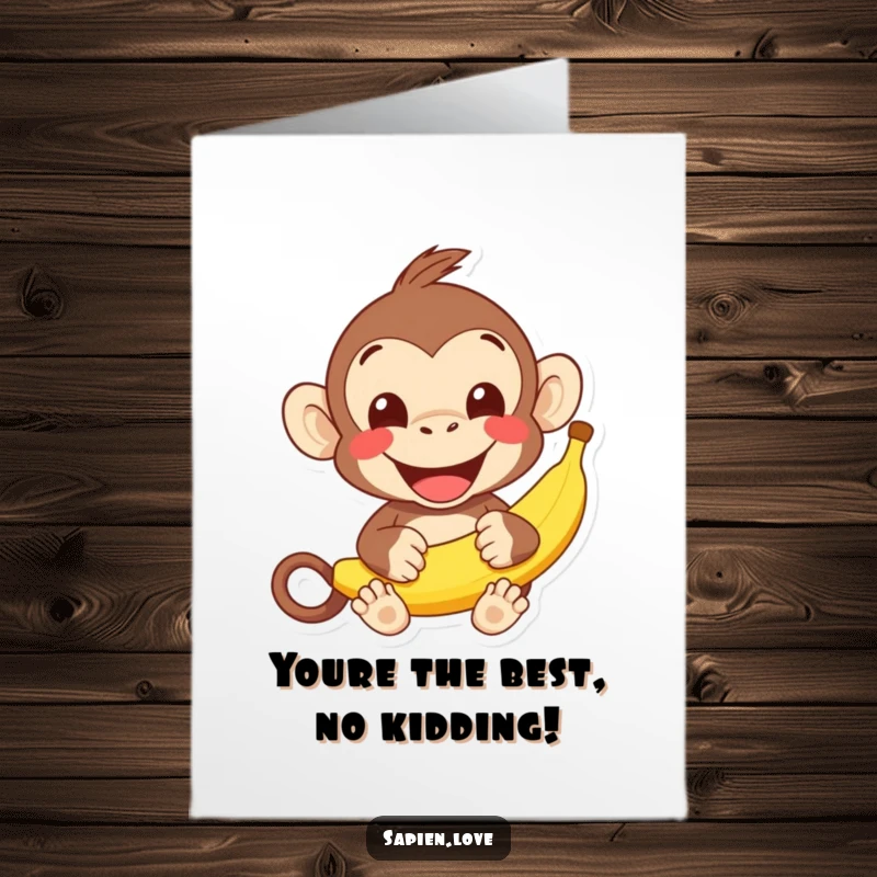 Funny Free Printable Congratulations Card: Happy kawaii monkey offering a banana with a wide grin, ideal for a joyful DIY success.