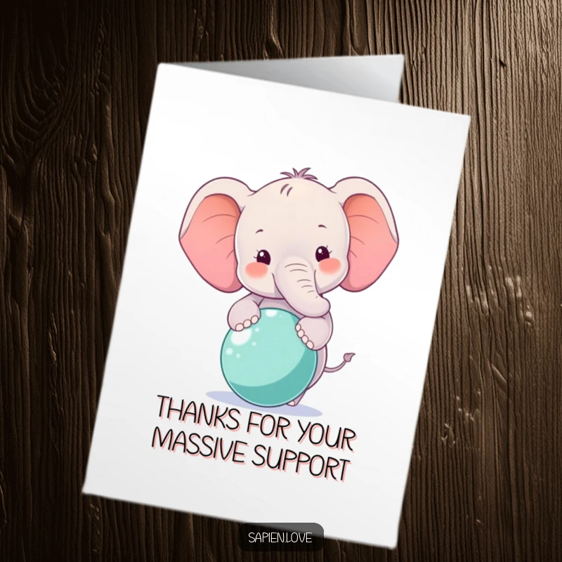 Free printable thank you card featuring a smiling elephant balancing a ball, conveying heartfelt gratitude with a touch of whimsy.