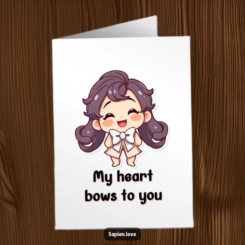 Funny free printable thank you card: a charming kawaii character bowing gracefully with a flourish, conveying sincere thanks.