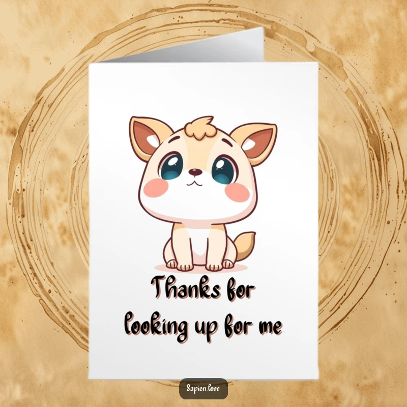 Funny Free Printable Thank You Card: A curious character with animal ears looking up at the sky, representing thoughtful gratitude.