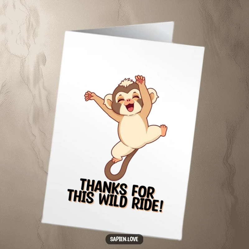 Funny Free Printable Thank You Card: A kawaii gibbon doing a somersault mid-air, giggling and sending thanks.