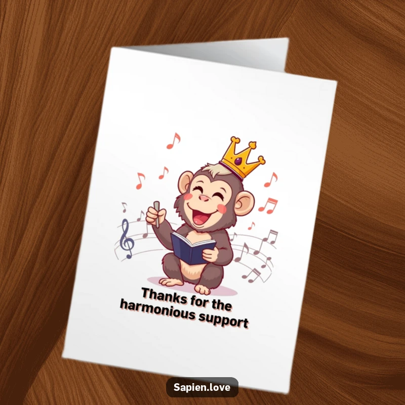 Funny Free Printable Thank You Card: Cheerful primate crowned, conducting musical notes to show thanks.