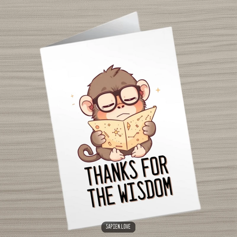 Funny free printable thank you card with a sleepy monkey wearing glasses, reading a star chart, appreciating someone's cosmic kindness.