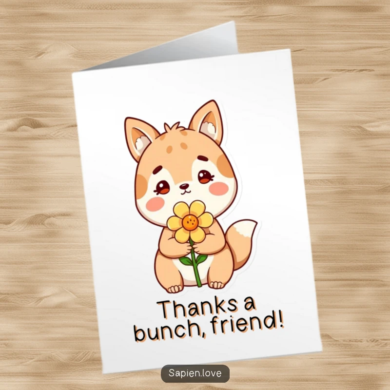 Funny Free Printable Thank You Card: Adorable animal character presents a flower to express sincere gratitude.