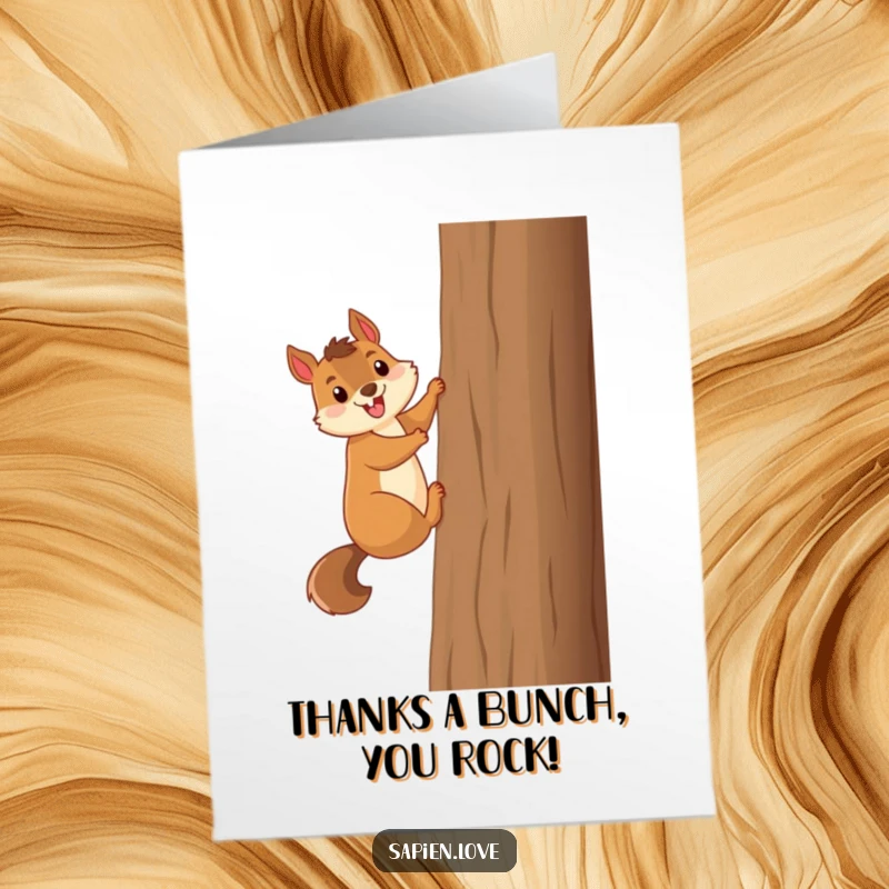 Funny Free Printable Thank You Card: A smiling squirrel character enthusiastically climbing a tree, conveying heartfelt thanks.
