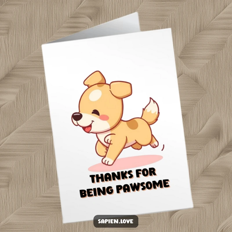Free printable thank you card featuring a happy dog character comically chasing its tail, conveying thanks with playful energy.