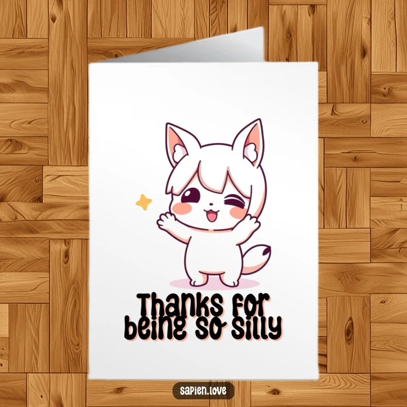 Funny Free Printable Thank You Card: Animal-eared character performing a funny, silly gesture to say thanks.