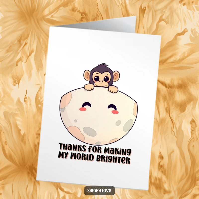 Funny Free Printable Thank You Card: A curious primate peeking from behind a large, smiling planet, conveying thanks.