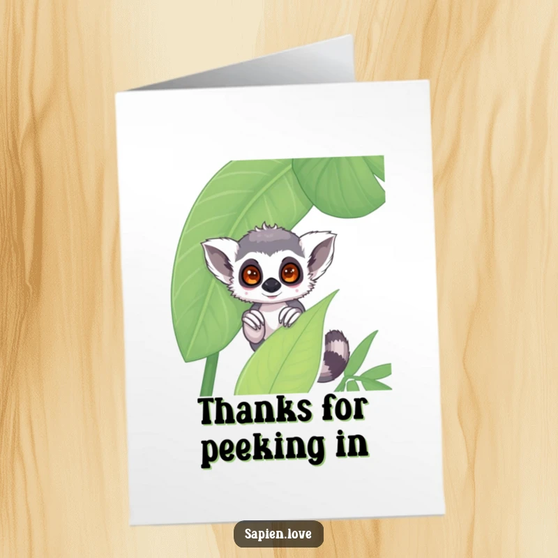 Funny Free Printable Thank You Card: Shy kawaii lemur peeking from behind a large jungle leaf, perfect for a gentle DIY thank you.