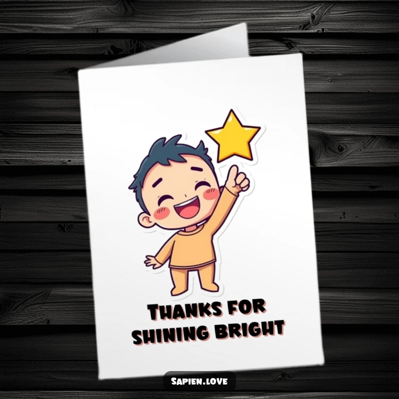 Kawaii Free Printable Thank You Card: Grinning character reaches for a star, expressing heartfelt thanks.