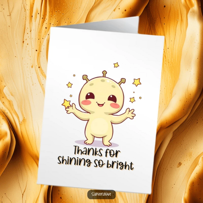 Funny Free Printable Thank You Card: A grinning alien playfully juggles shining stars, conveying thanks.