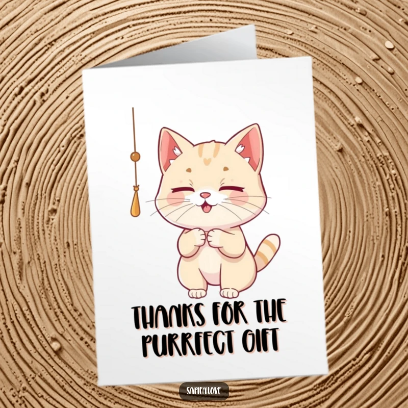 Free printable thank you card featuring a playful cat character batting at a dangling string, conveying thanks with feline charm.