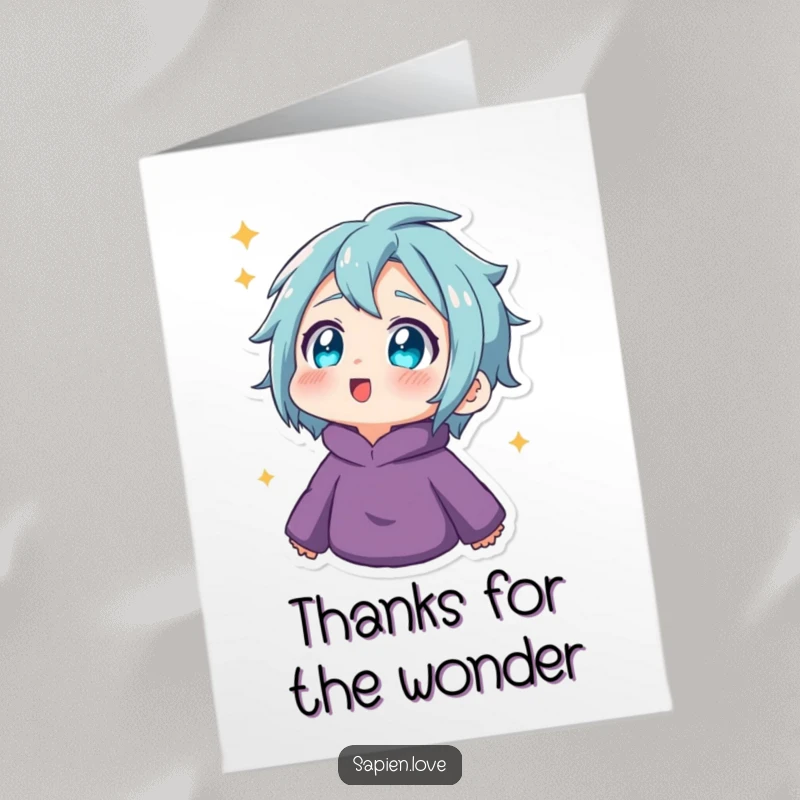 Funny Free Printable Thank You Card: Character's twinkling eyes look up, filled with wonder and thanks.
