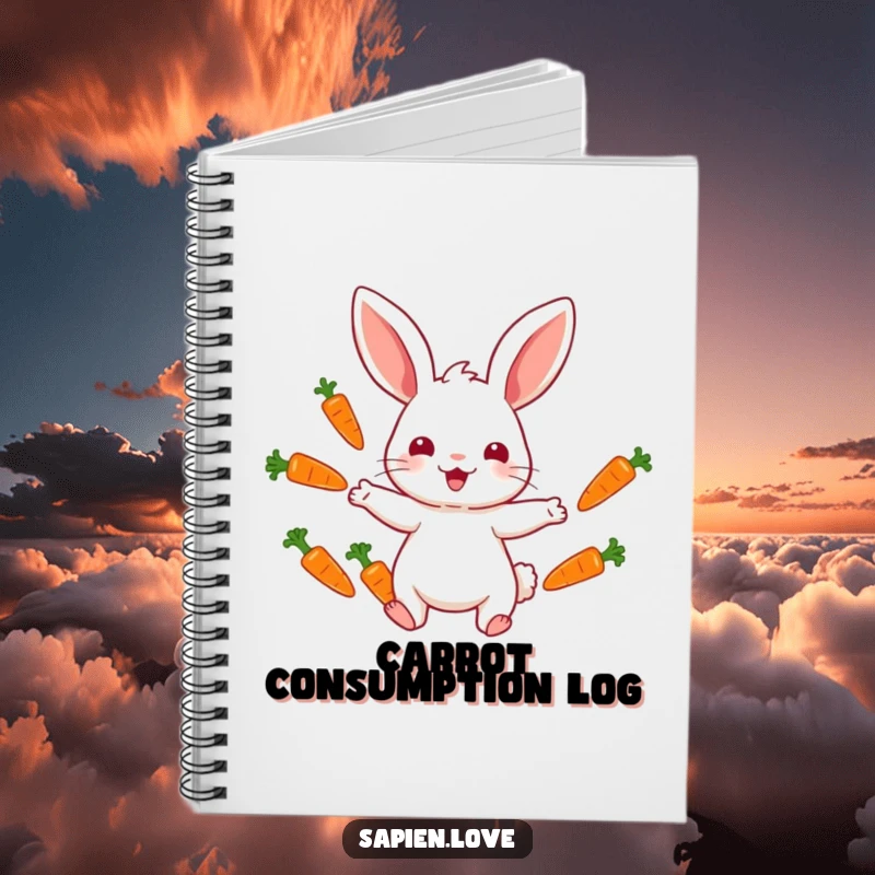 Funny notebook showcasing a rabbit character juggling colorful carrots, ideal for jotting down creative plans and witty insights.