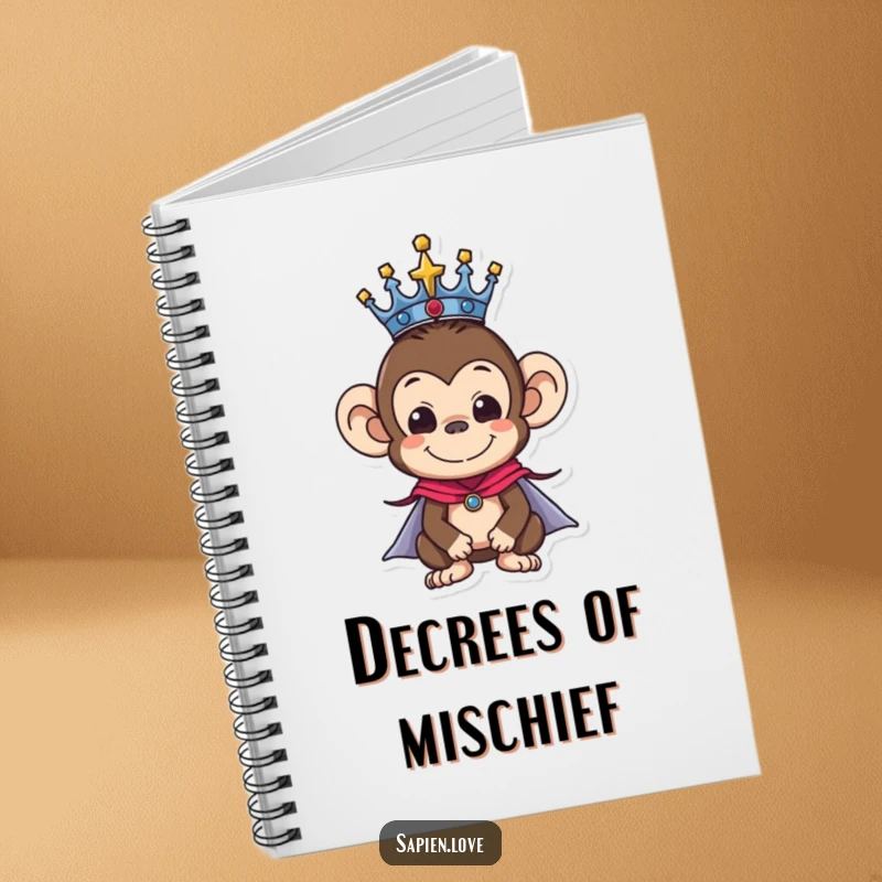 Funny notebook showcasing a monkey character in a royal crown and cape, ideal for jotting down regal plans and witty insights.