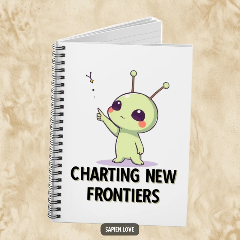 Funny notebook cover featuring an alien with expressive antennae pointing at a distant constellation, perfect for recording thoughts.