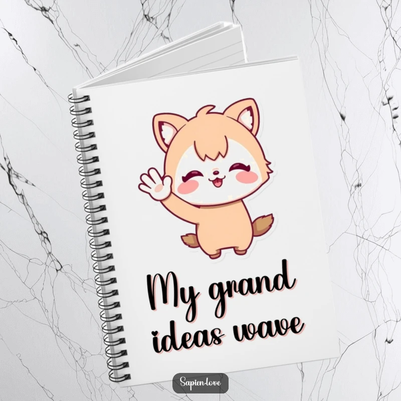 Funny Notebook: A journal designed with a whimsical character with animal ears waving enthusiastically, perfect for jotting ideas.