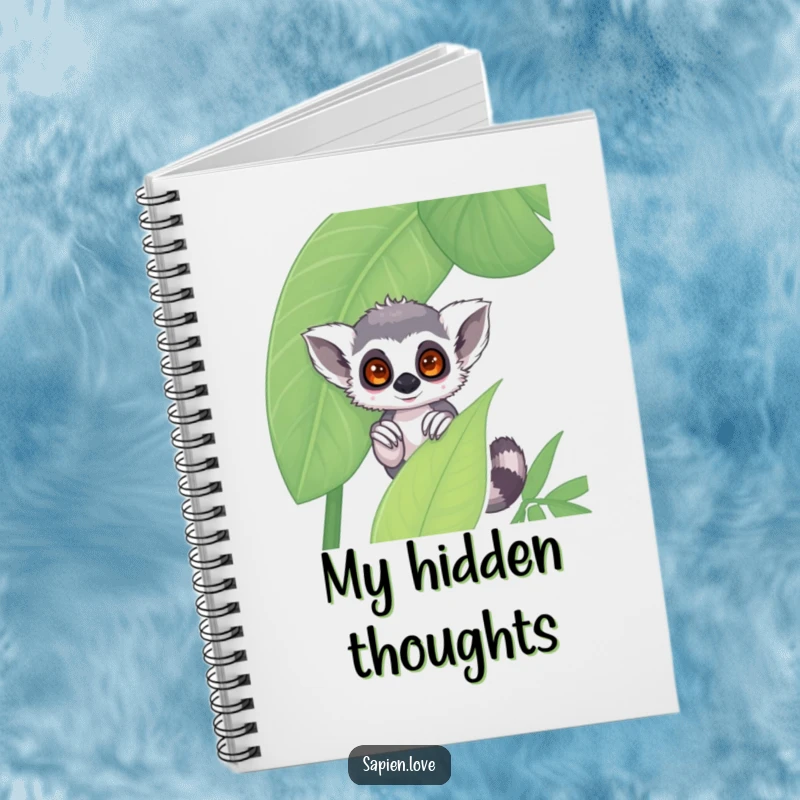 Funny kawaii lemur notebook, a shy character peeking from behind a leaf, perfect for notes and shy ideas.