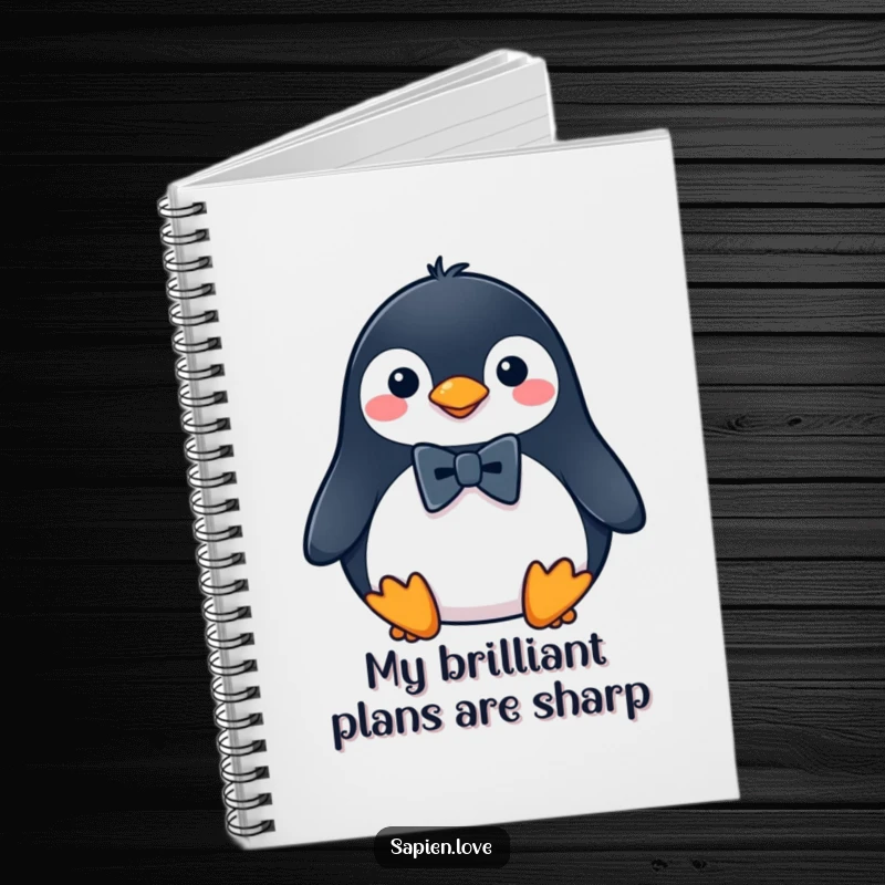 Funny Penguin Notebook with a charming penguin wearing a miniature bowtie, ideal for writing notes and creative ideas.