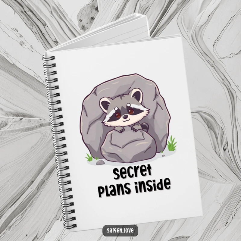 Funny bipedal raccoon character peeking from behind a large rock on a notebook, ideal for secret notes.