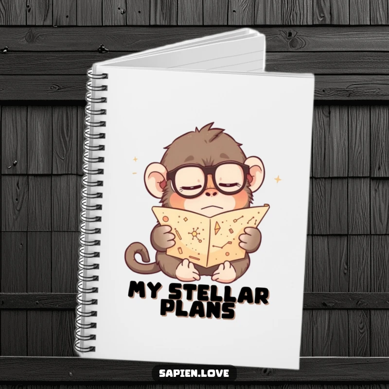 Funny notebook featuring a bespectacled, sleepy primate studying a tiny scroll of constellations; perfect for note-taking and journaling with a humorous, intellectual theme.