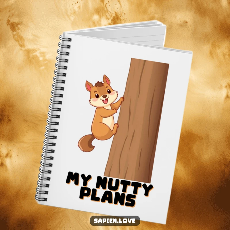 Funny smiling squirrel excitedly climbs a tall tree, a humorous notebook for jotting down ideas.