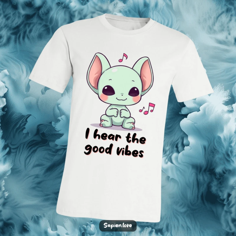 Funny t-shirt graphic of an alien with oversized ears joyfully listening to a prominent, vibrant musical note.