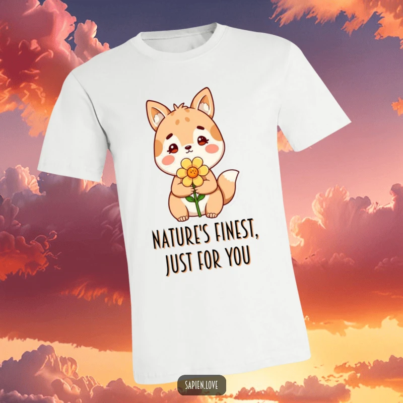Funny T-Shirt: A friendly creature with animal ears and soft fur joyfully offers a vibrant flower, emanating warmth.