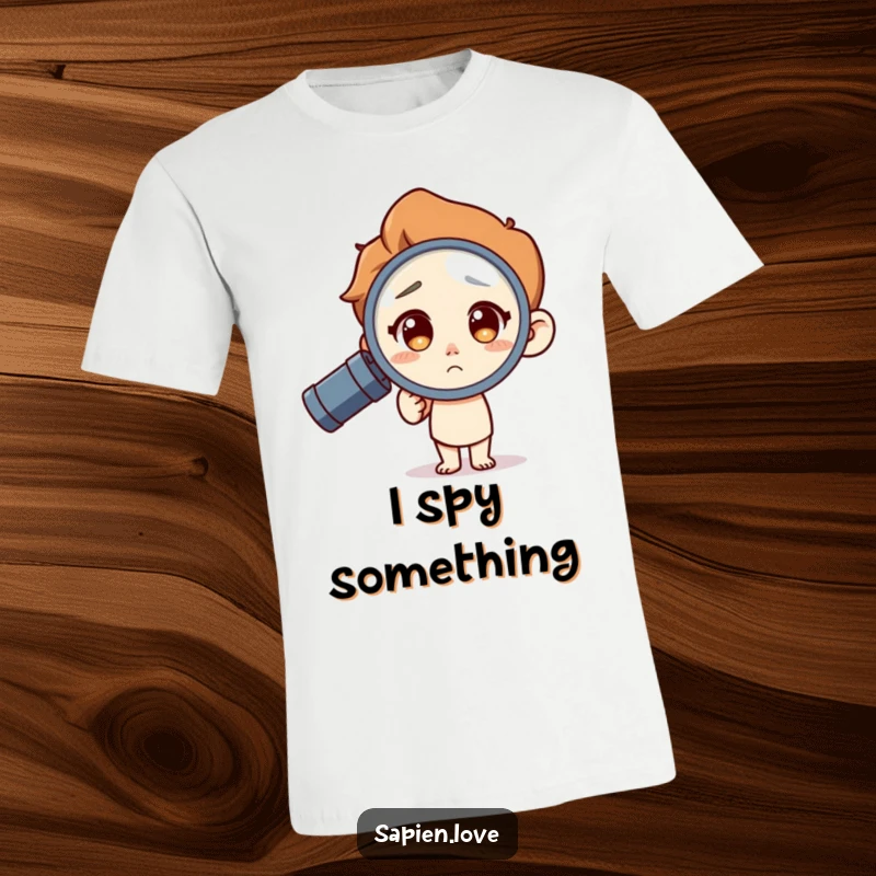 Funny T-Shirt: A human character with a curious expression uses a magnifying glass to inspect something with a look of intrigue and amusement.