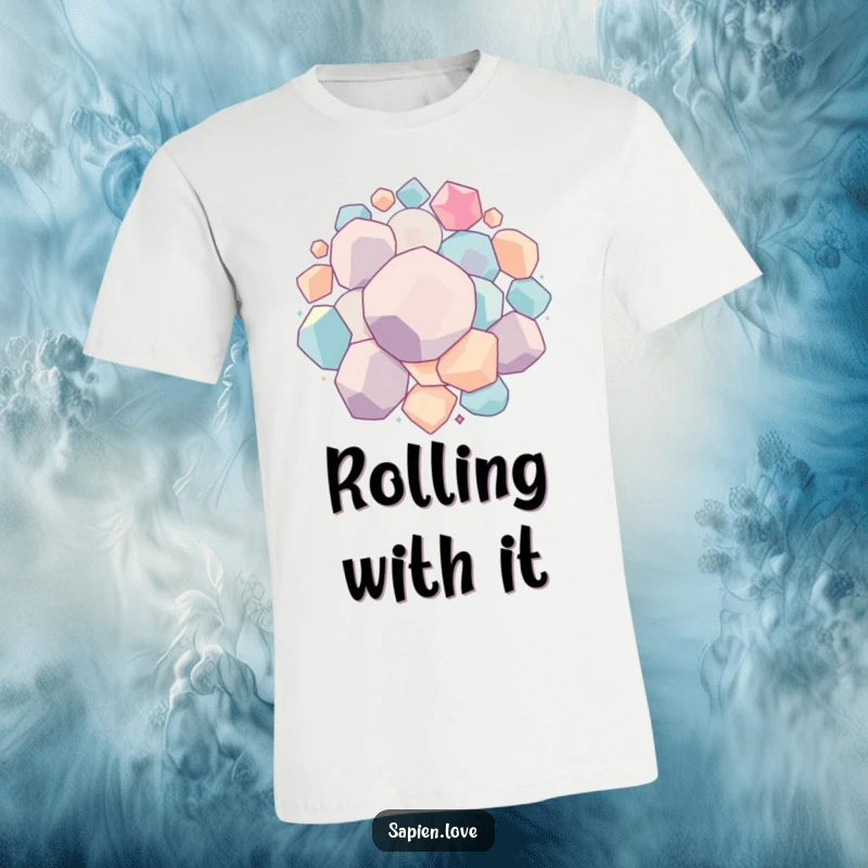 Funny Geometric Bounce t-shirt with interconnected geometric forms dynamically bouncing and rolling together, creating a sense of playful motion.