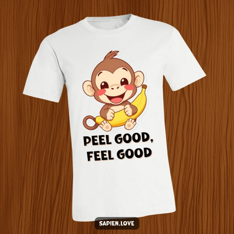 Funny kawaii monkey banana t-shirt, a cheerful character offering a banana with a wide grin, happy and humorous apparel.