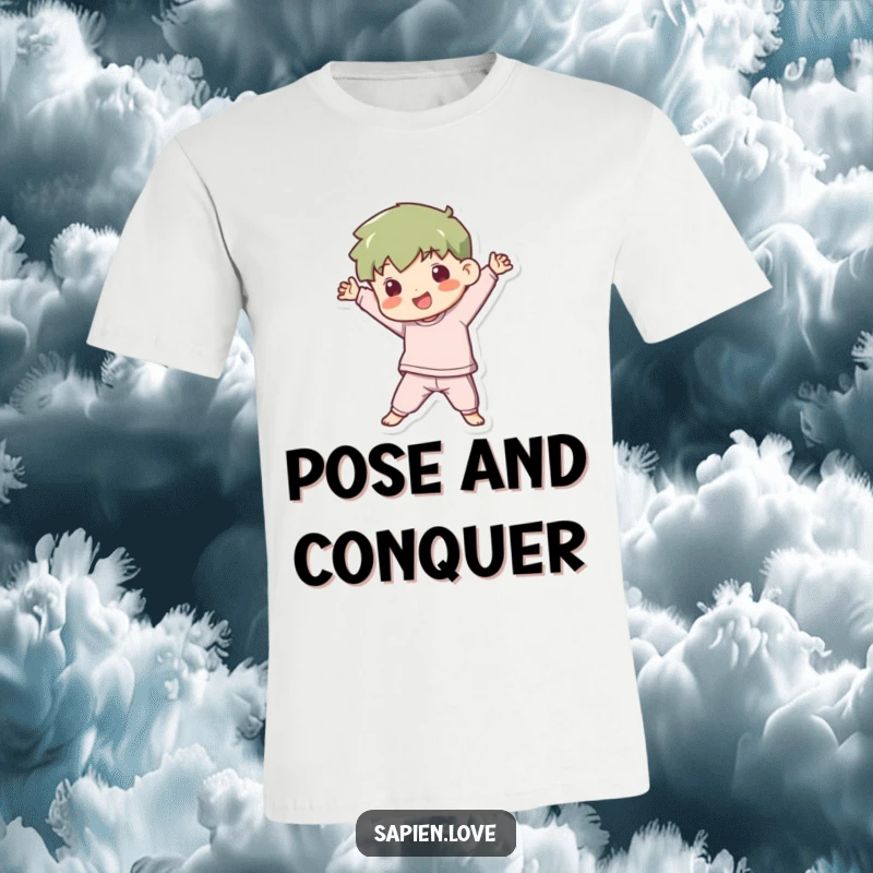Funny T-Shirt: An adorable kawaii human character is captured in a dynamic, playful pose, showcasing energy and fun.