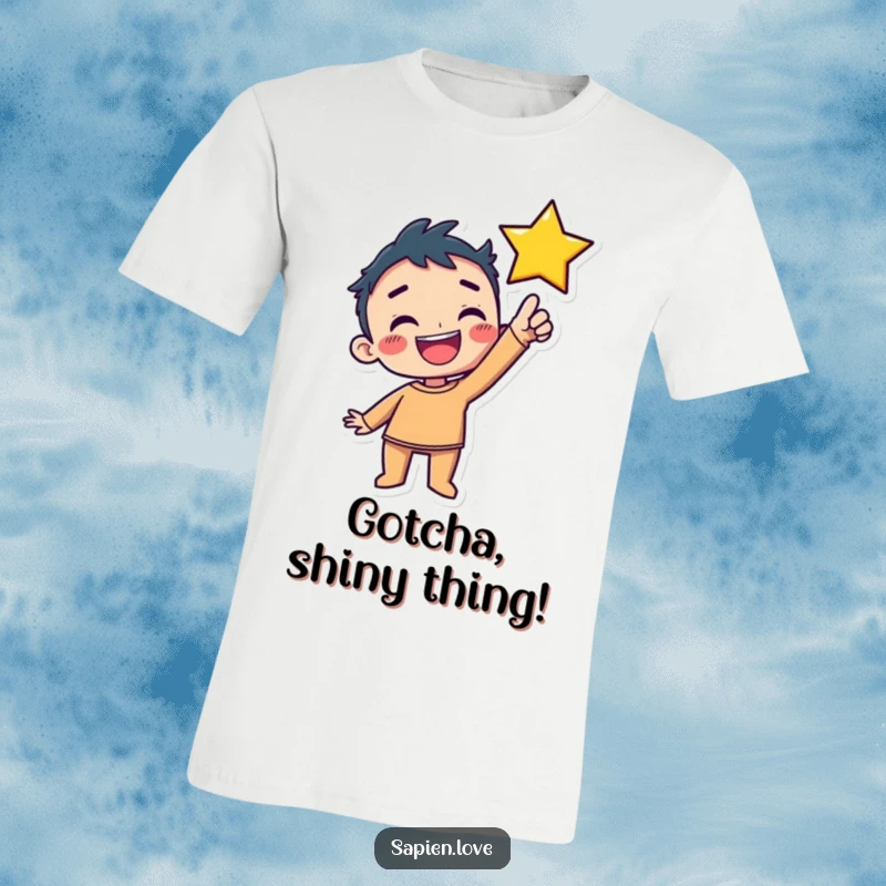 Funny T-Shirt: A cute kawaii human character has a delighted expression and stretches its arms up to grab a twinkling star.