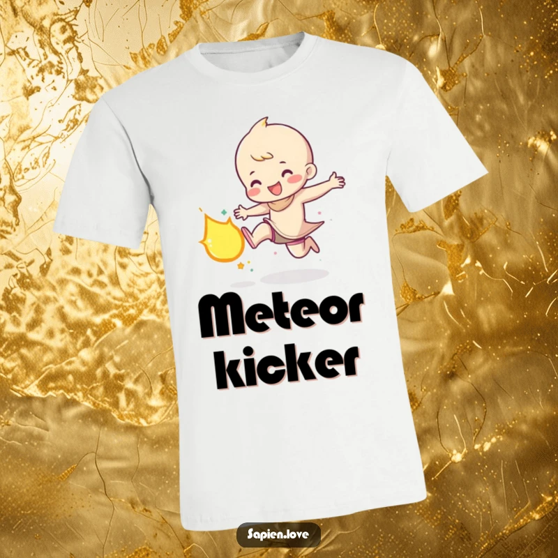 Funny t-shirt graphic of a character triumphantly kicking a small, glowing meteor with a look of pure glee and powerful action.