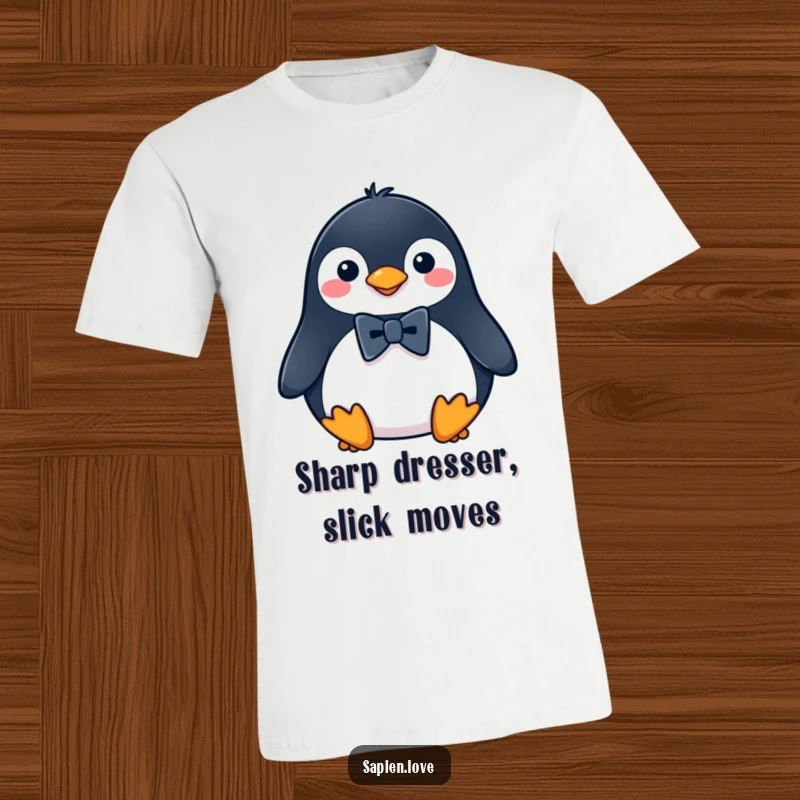 Funny Penguin T-Shirt with a stylish cartoon penguin sporting a miniature bowtie, looking exceptionally dapper and ready for fun.