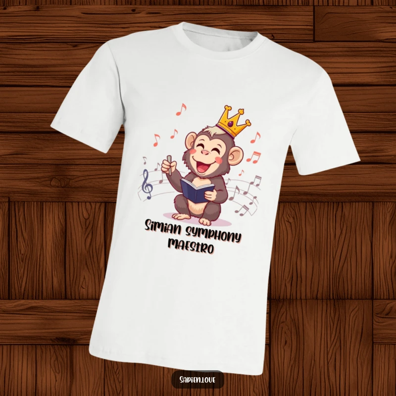 Funny Primate Conductor T-Shirt: A joyful primate in a small crown directs musical notes, a hilarious and musical statement tee.
