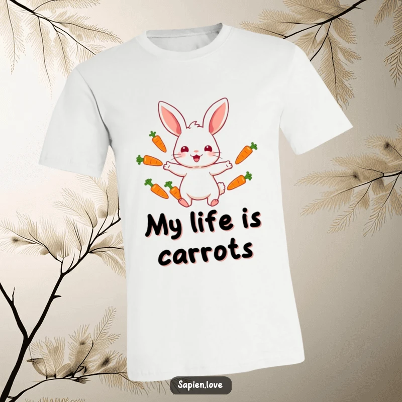 Funny t-shirt featuring a happy rabbit character juggling colorful carrots, capturing a moment of delightful and energetic skill.