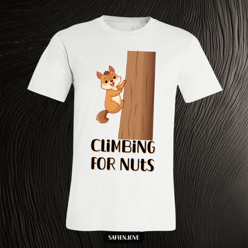 Funny smiling squirrel excitedly climbing a tall tree, a humorous and energetic graphic tee.