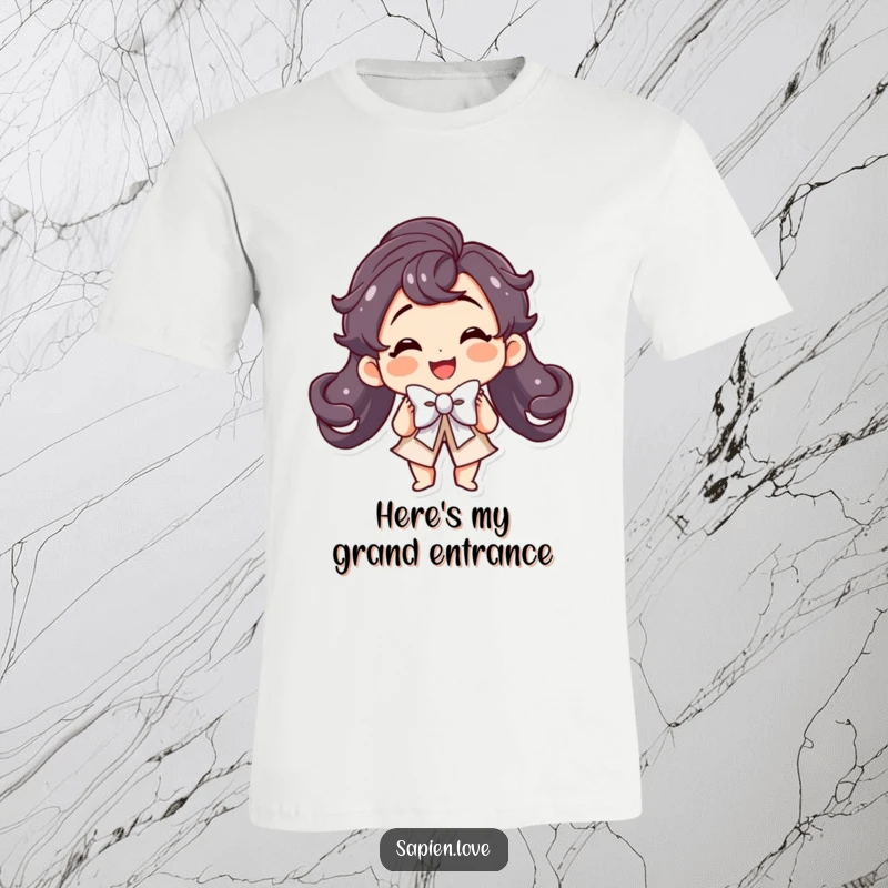 Funny Kawaii T-Shirt: A smiling cute character does a grand theatrical bow with flair.