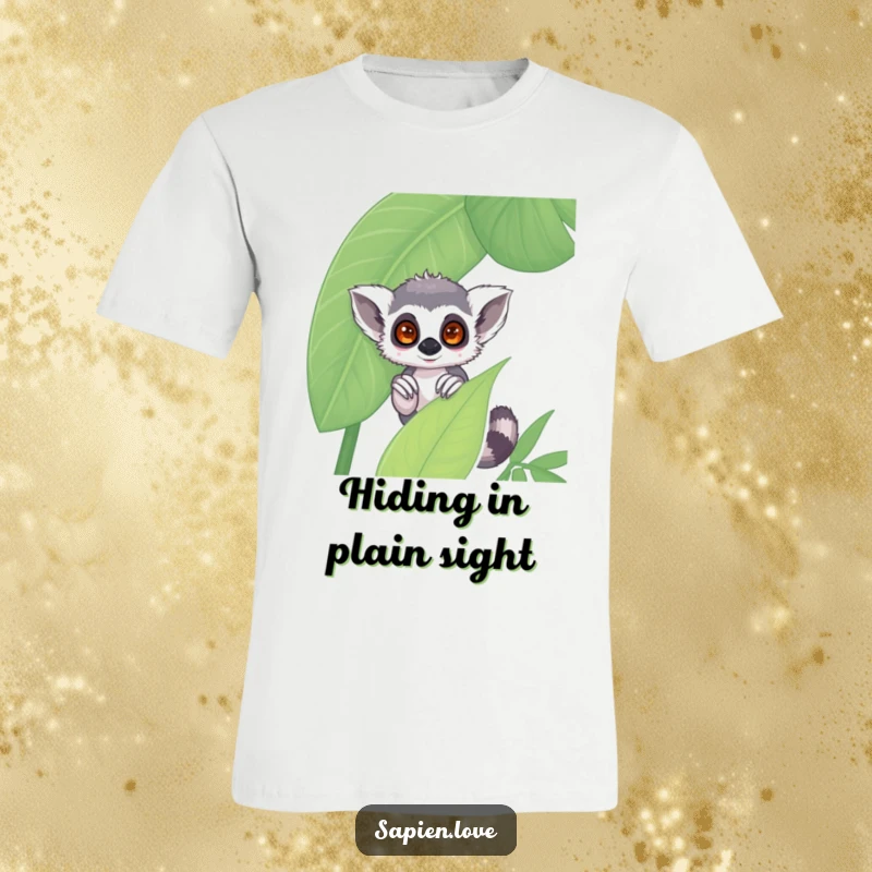Funny kawaii lemur peeking t-shirt, a shy character hiding behind a jungle leaf, cute and humorous apparel.