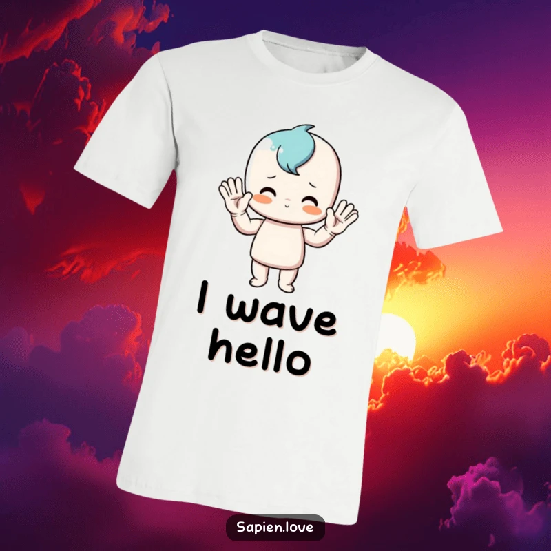 Funny t-shirt graphic of a stick figure enthusiastically waving with both arms held high in an exaggerated, comical gesture of greeting.