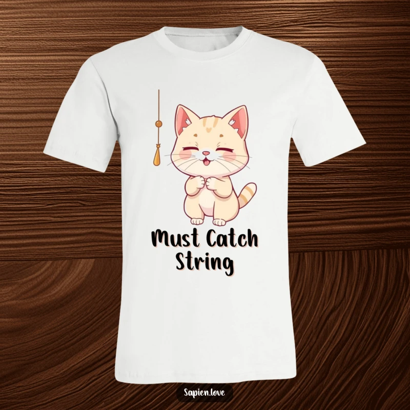 Funny Cat T-Shirt featuring a playful cat character reaching out to bat at a dangling string.