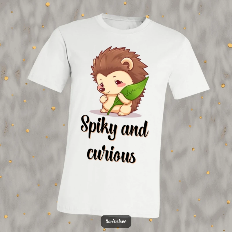Funny Hedgehog T-Shirt with a curious hedgehog character intently studying a leaf, ideal for outdoor enthusiasts.