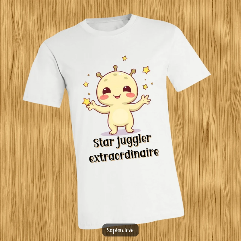 Funny t-shirt graphic of a happy alien creature playfully juggling tiny, bright stars with an infectious grin.
