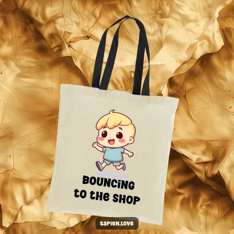 Funny Tote Bag: An excited human character is depicted with a bounce in its step, radiating happiness and energy.