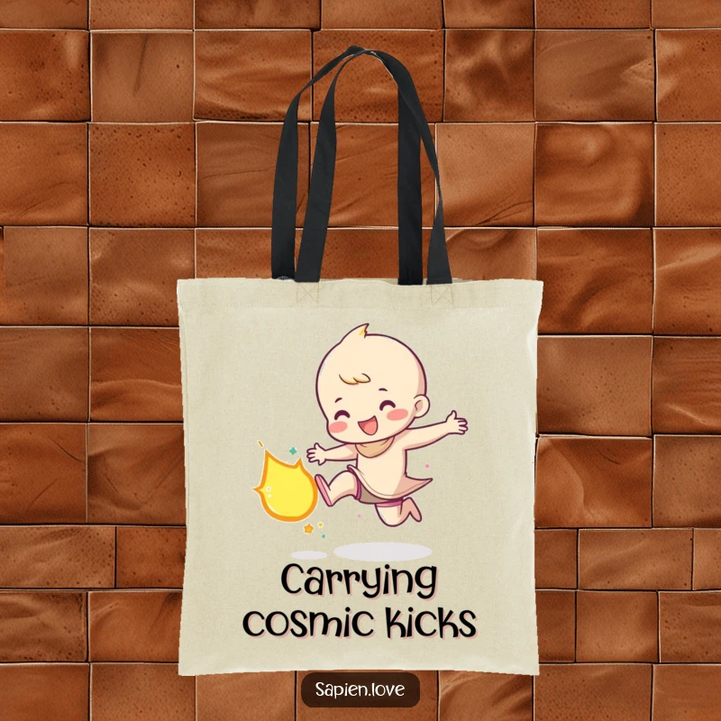 Funny tote bag designed with a character gleefully kicking a small, glowing meteor, ideal for carrying daily items with a sense of cosmic adventure.