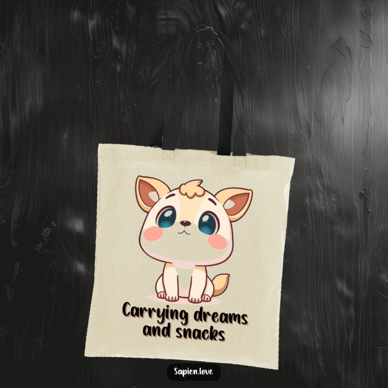 Funny tote bag featuring a cute character with animal ears looking up at the sky, perfect for carrying treasures and dreams.
