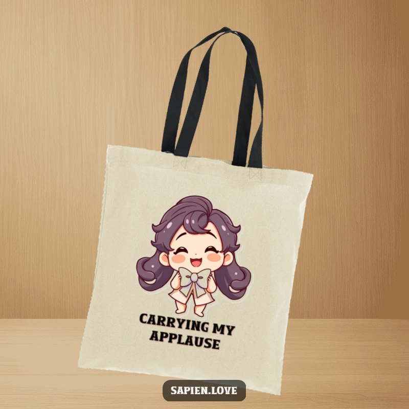 Funny Kawaii Tote Bag: A smiling cute character performs a theatrical bow with a flourish.