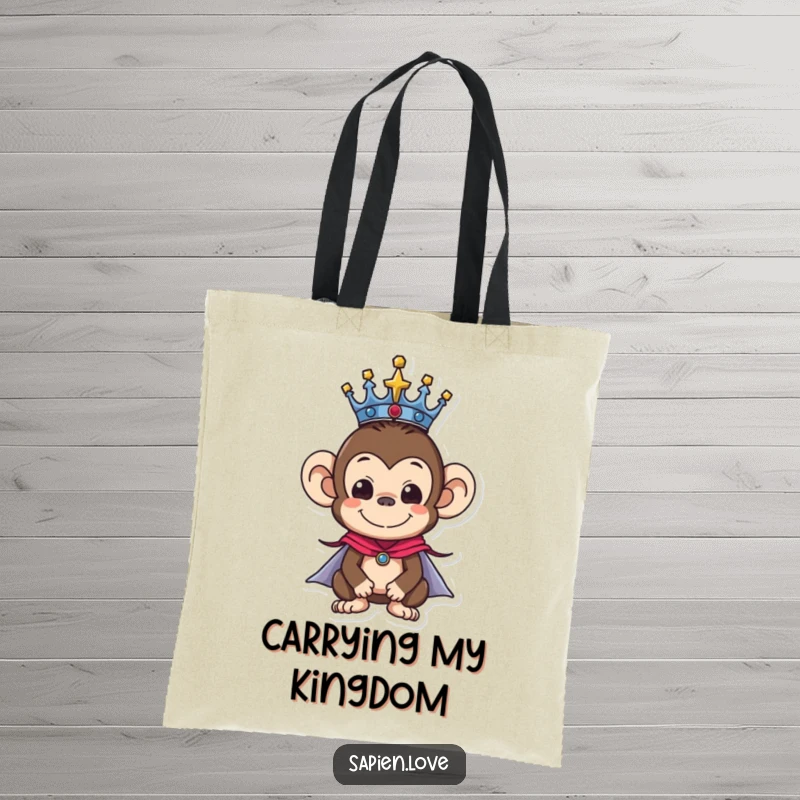Funny tote bag showcasing a monkey character wearing a crown and cape, designed for carrying essentials with amusing royal flair.